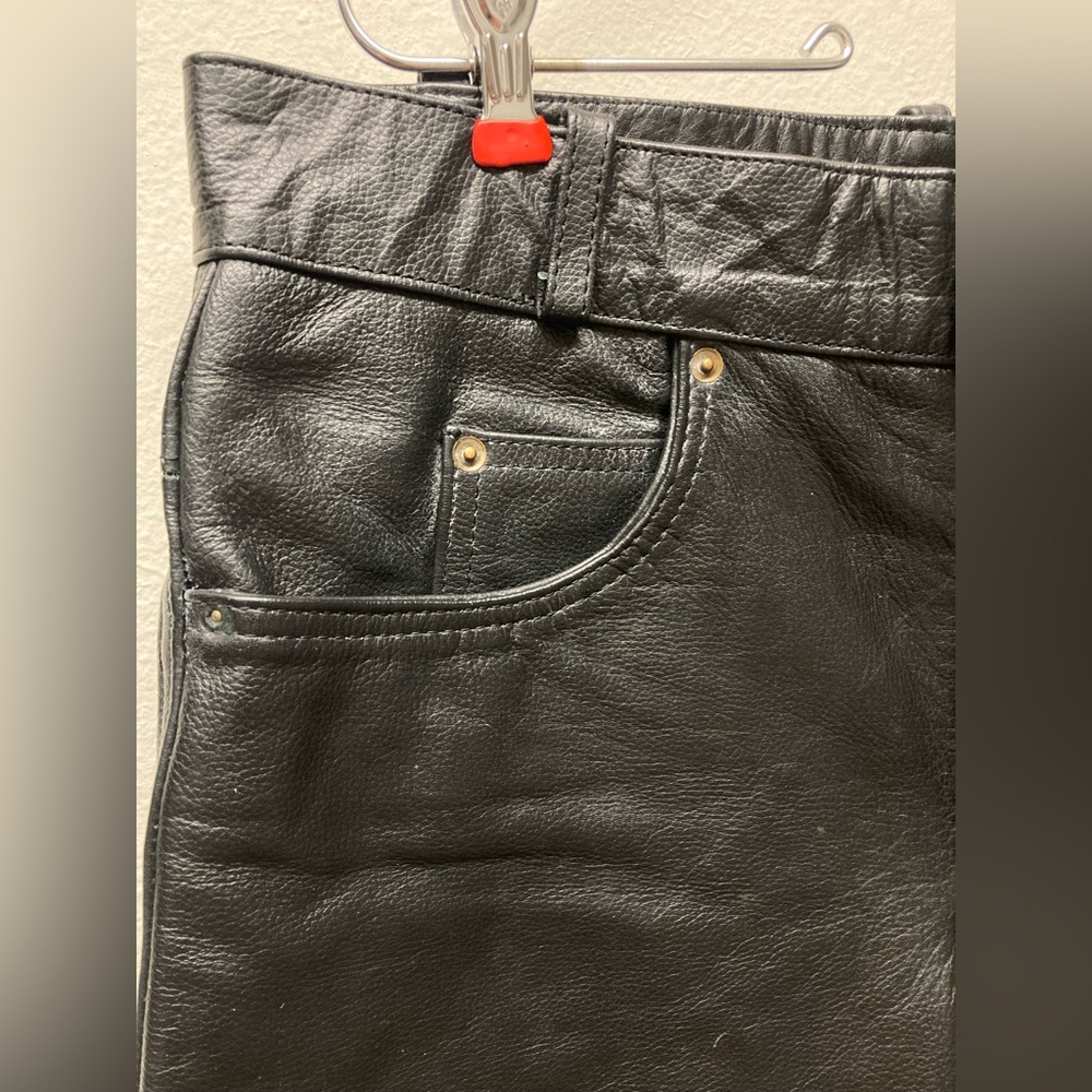 Leather Motorcycle Jeans Biker 34x32 Men Black Straight Leg Real Leather - Picture 3 of 7
